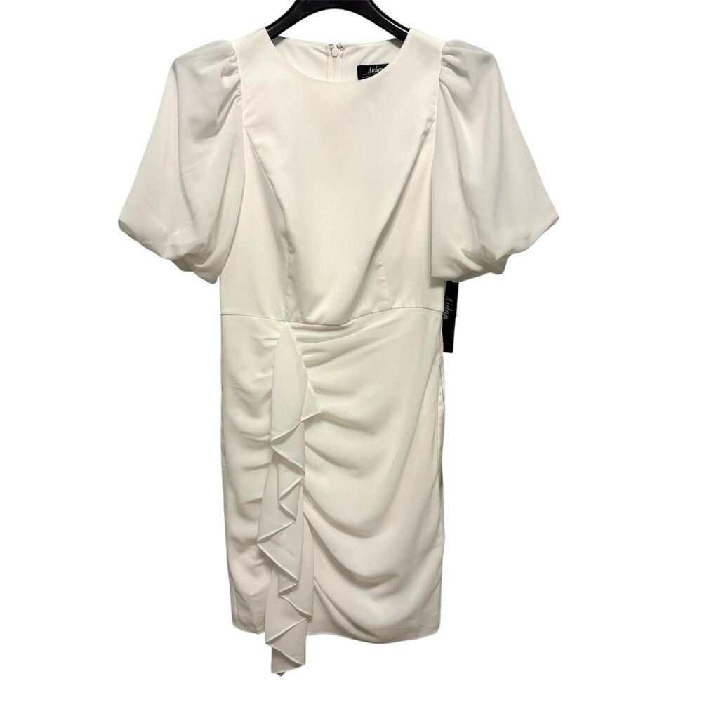 Aidan Adrianna Papell Dress Size 4 White Cocktail Bridal Graduation Puff Sleeve